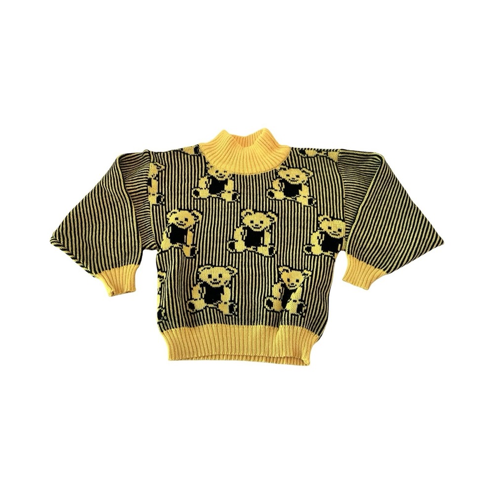 Vtg 80s Popsicle Boys 4T Yellow Black Teddy Bear Acrylic Knit TurtleNeck Sweater